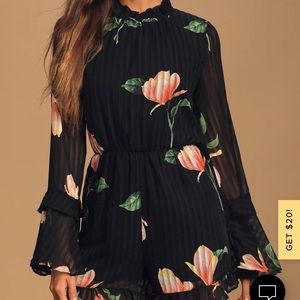 Lulu's Black Floral Print Long Sleeve Cutout Romper